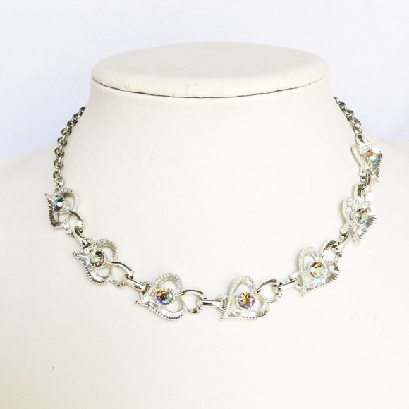 Rhinestones Hearts Necklace Silver Color Aurora Borealis Rhinestones Love Hearts - Picture 1 of 5